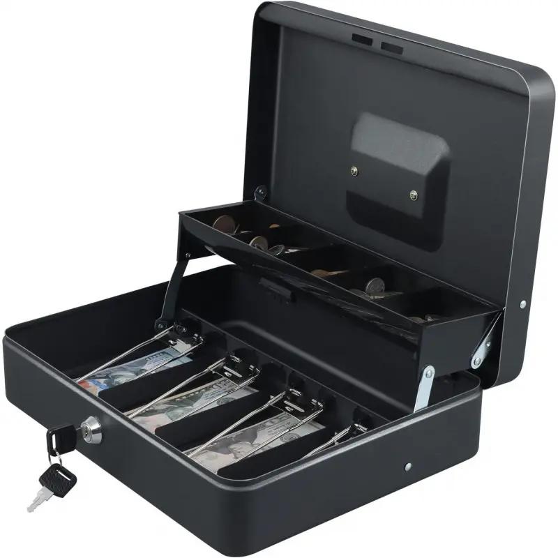 Black Synthetic Cash Box with Lock - Secure Key-Lock Storage, Tiered Design, Tray, 4 Bill Slots, 5 Card Slots, Full View, 11.8x9.45x3.54in Indoor/Outdoor Home Supplies Accessory (Mother's Day Gift Option)