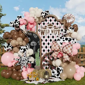 Cowgirl Party Balloon Kit Brown & Pink with Cow Head, Bow & Wagon Wheel Decorations for Western Theme