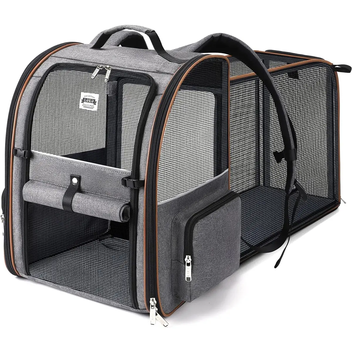 LEKESKY Pet Carrier Backpack for Cats & Small Dogs/Puppies Up to 18 Lbs - Sturdy Breathable Mesh Oxford Fabric, Zipper Closure, 2 Side Pockets, 4 Entrances, Expandable Geometric Print, Sun Protection, Ideal for Travel, Hiking, Biking