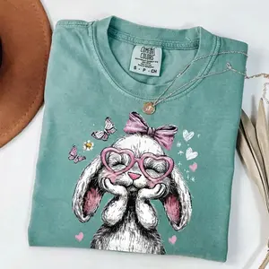 Comfort Colors Preppy Easter Bunny T-Shirt, Halftone Cute Rabbit Graphic Tee, Coquette Girly Spring Shirt for Women & Kids