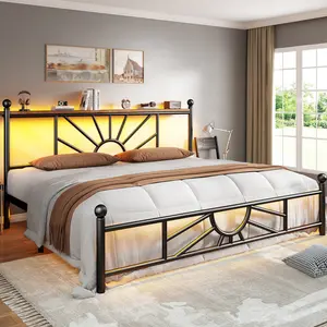 [RaybeeBrandyDay] King Queen Full Metal Bed Frame with Headboard & LED, NO MATTRESS, Queen Size Bed Frame with Storage Space & Strong Metal Slats, Iron Bed Frame, Noise-Free, Easy Assembly, Modern Bedroom Furniture, Black[BlackFridayCyberMonday]