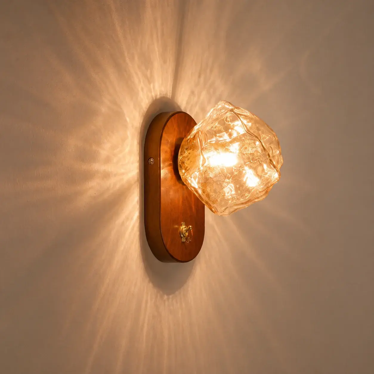 Walnut Wood Glass Wall Sconce, Hardwired 3000K Warm Wall Light