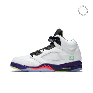 White Smooth Leather High-Top Retro Basketball Shoes with Purple Rubber and Fluorescent Green Sawtooth Midsole in Mismatched Colorway