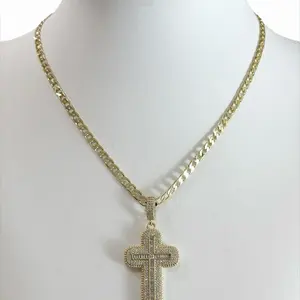 Cross Cuban Link Necklace 4mm 17 Pieces Gold Color with Cross Pendant