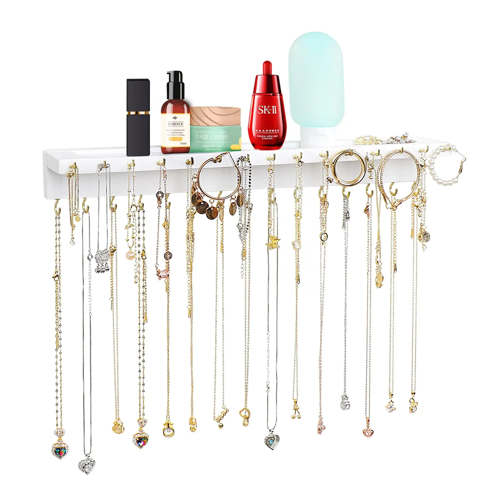 Necklace Holder, Upgraded Extra Large Wall Necklace Organizer with 30 Hooks Wall Mounted Necklace Hanger with Jewelry Tray/Cosmetics Shelf Rustic Pine Wood Holder