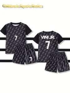 2026 Crew Neck T-shirt Football Suit for Boys with Name VINI JR. and Number 7, New Children's Jersey, Student Competition Team Training Sportswear, Comfortable, Breathable, Heat-dissipating, Quick-drying Two-piece Set (Top and Pants)