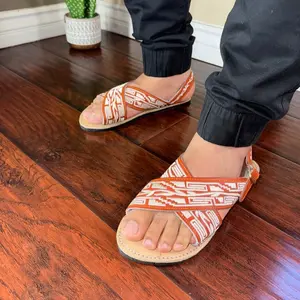 Mens Handmade Leather Huarache Sandals: Embroidered Cross Strap