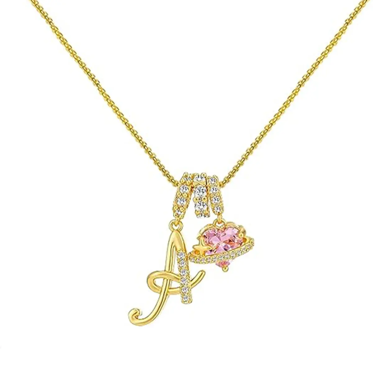 14K Gold Plated Initial Necklace for Women, Pink Planet Heart Letter Pendant with Box Chain, Jewelry Gift for Her