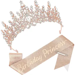 Birthday Princess Crown and Sash, Birthday Crown with Glitter Sash for Princess Party Decorations Happy Birthday Accessories for Women
