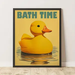 Charming 'Bath Time' Yellow Rubber Duck Canvas Art Print 30.48x40.64 cm - Frameless, Whimsical Wall Decor for Bathroom and Home, Vibrant Watercolor Design, Bathroom Decoration, Canvas Prints