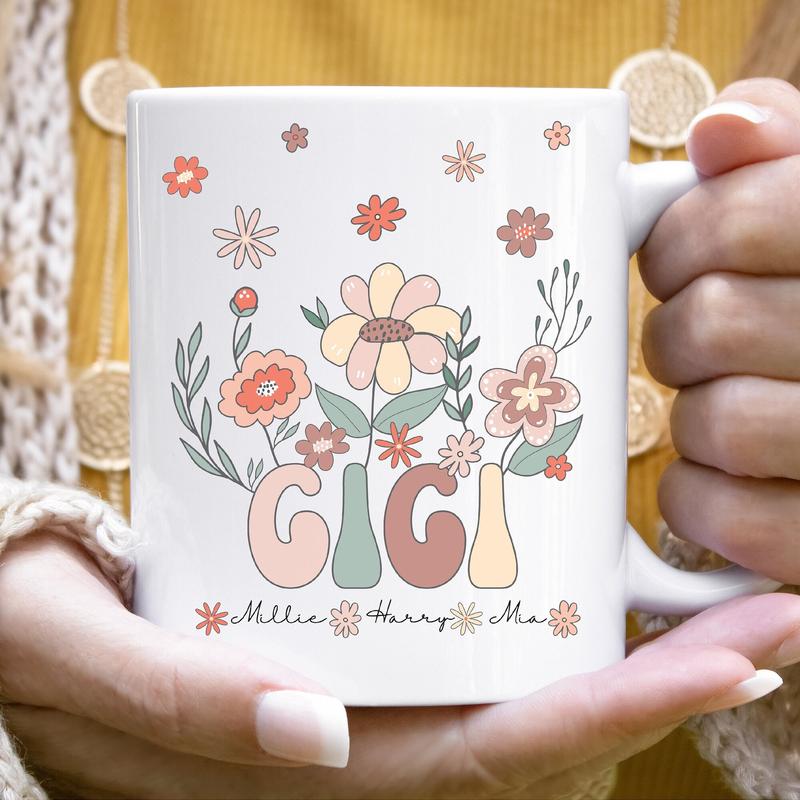 Personalized Gigi Mug With Grandkids Names Custom Gigi Mug New Gigi Gift Great Gigi Gift Gigi Christmas Birthday Gigi Floral Name Mug