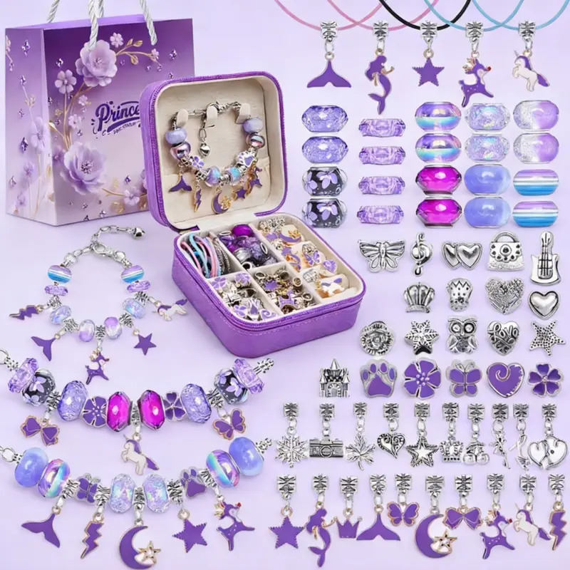 2026New Dream Purple Handmade Jewelry Supplies for Gifts Violet Charm Bracelet Accessories for Women Making Kit with Purple Jewelry Box & Gift Bag Violet Beading & Jewelry Making Kit Birthday New Year Valentines Jewelry Gifts Set for Girlfriend Ponytail H