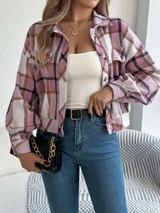 Women's Chic Contrast Color Cropped Plaid Woolen button front Jacket Closure Casual Lapel Neck Long Sleeve Faux Pocket Cozy Autumn Outfit Coat for Valentine's Day Pink Rose Top 2026 Fashion Fall Winter Cute Outerwear