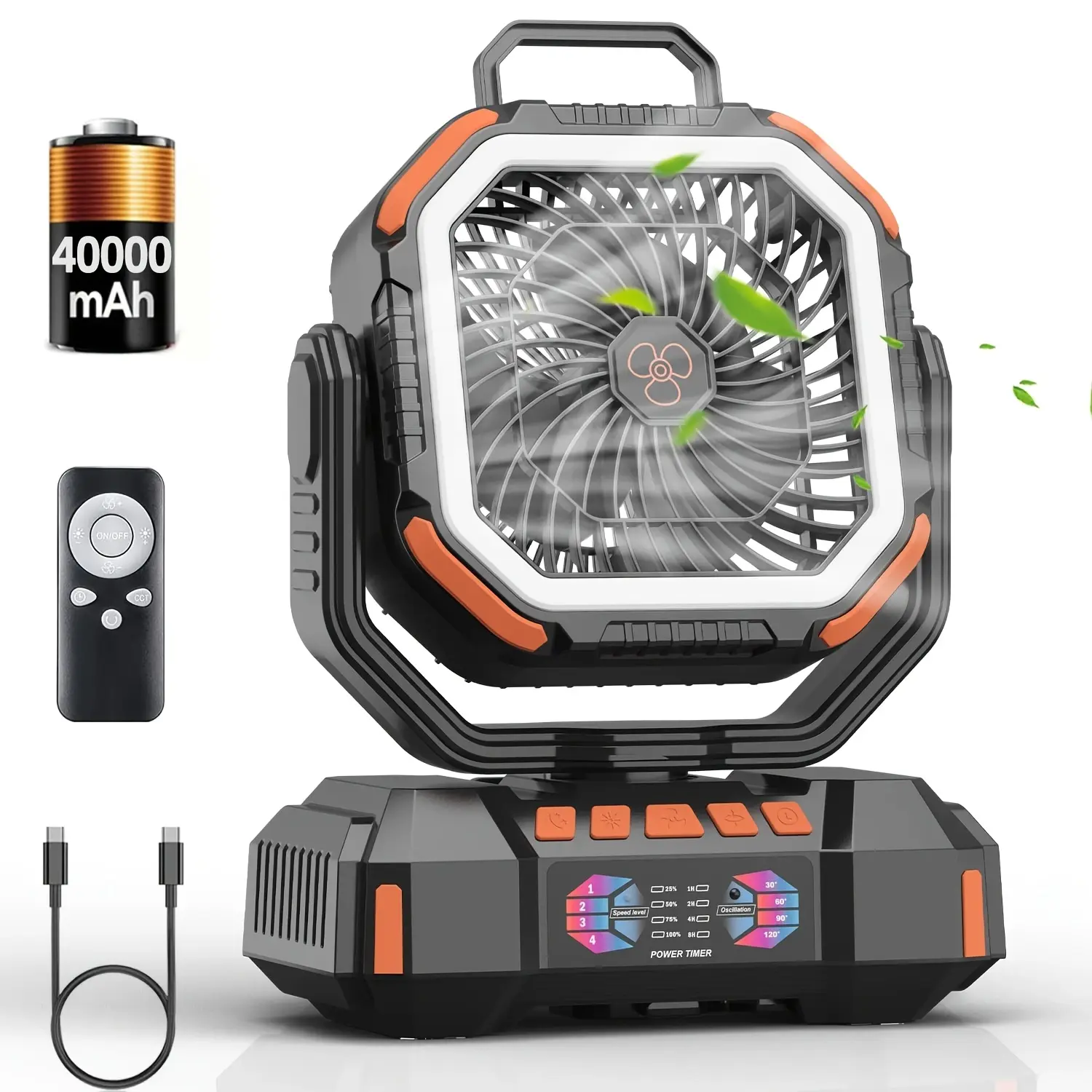 40000mAh Heavy-Duty Rechargeable Portable Fan - Dual Motor, 4-Speed Adjustable, Remote & Button Control, Built-in Outage-Ready LED Lantern, Oscillation, Hook, Portable Charger for Camping, Outdoor Users, Adjustable Speeds Fan