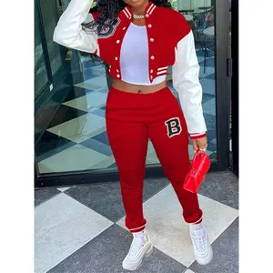 Chic, Women's Casual Letter Print Baseball Jacket and Pants Set - Red and White, Polyester Blend, Machine Washable, Fall/Winter Fashion Ensemble