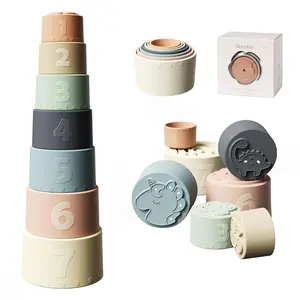 Stacking Cups Toy Fun Educational Baby Toys Silicone Soft Teething Toy Age 6+ Months 7 Piece Set