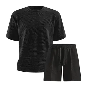 Men's Textured 2-Piece Tracksuit Casual T-Shirt & Shorts Set for Summer Menswear - Clothes