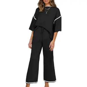 Comfy Casual Two-Piece Set.Womens Two Piece Outfits Casual Short Sleeve Knit Sweater Tops Matching Wide Leg Pants Tracksuit Lounge Sets 2025.