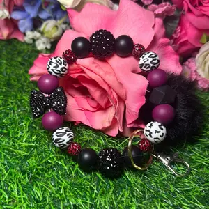 Sassy widow wristlet keychain color scheme burgundy, black, cheetah print and bling beads made with wire