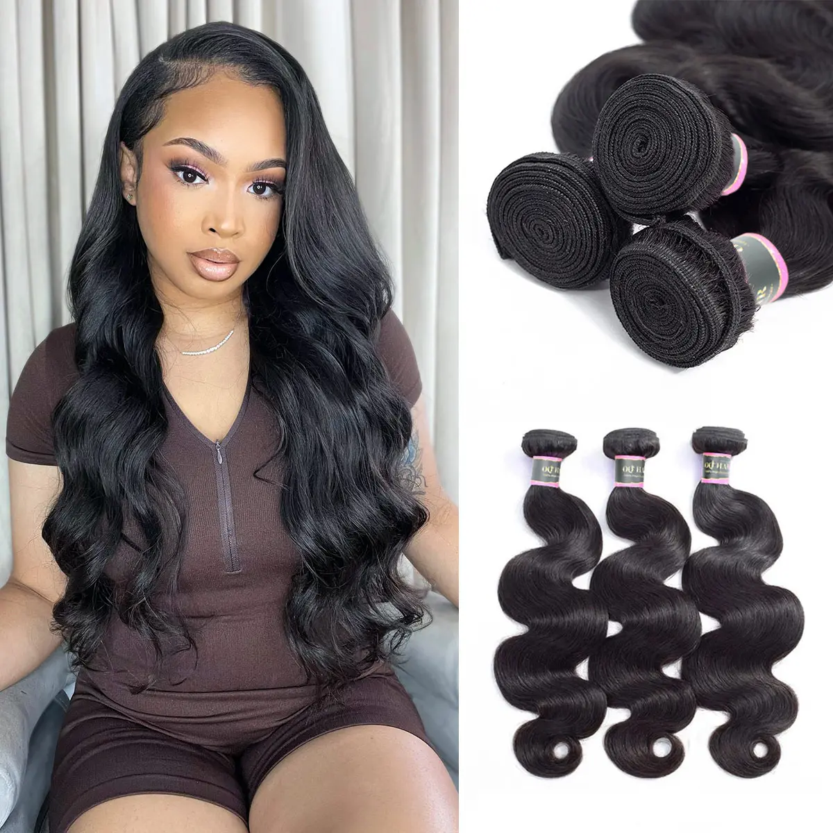 OQ HAIR 12A Human Hair Bundles Body Wave 100% Unprocessed Brazilian Virgin Hair Extensions Quick Weave Natural Black OQ HAIR 12A Human Hair Bundles Body Wave 100% Unprocessed Brazilian Virgin Hair Extensions Quick Weave Natural Black