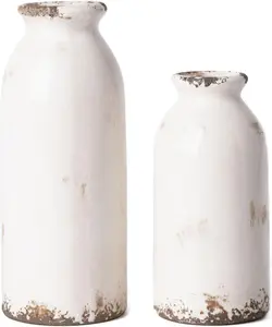 White Ceramic Vases Home Decor, Farmhouse Vase , Flower Vase Set of 2, Rustic Decorative Vases for Pampas Grass, Table, Living Room, Shelf, Centerpieces, 8 inch