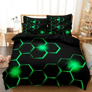 3pcs Hexagon Printing Bedding Set, Black Green Geometric Duvet Cover, For Bedroom and Guest Room - Includes 1 Duvet Cover and 2 Pillowcases (Core Not Included)