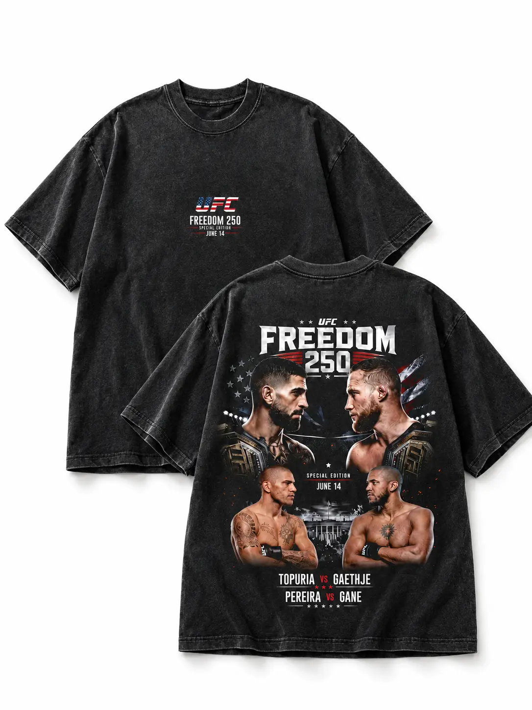 Men's UFC Freedom 250 Fight Card Artwork Tee, Washed Cotton Casual Fit Short-Sleeve Top, Lightweight Minimalist UFC-Themed T-Shirt Feat. Topuria, Gaethje, Pereira, Gane