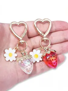 Peach Heart Sweet Semi-Transparent Strawberry Flower Heart-Shaped Keychain Ins Bag Key Decoration Car Hanging Pendant