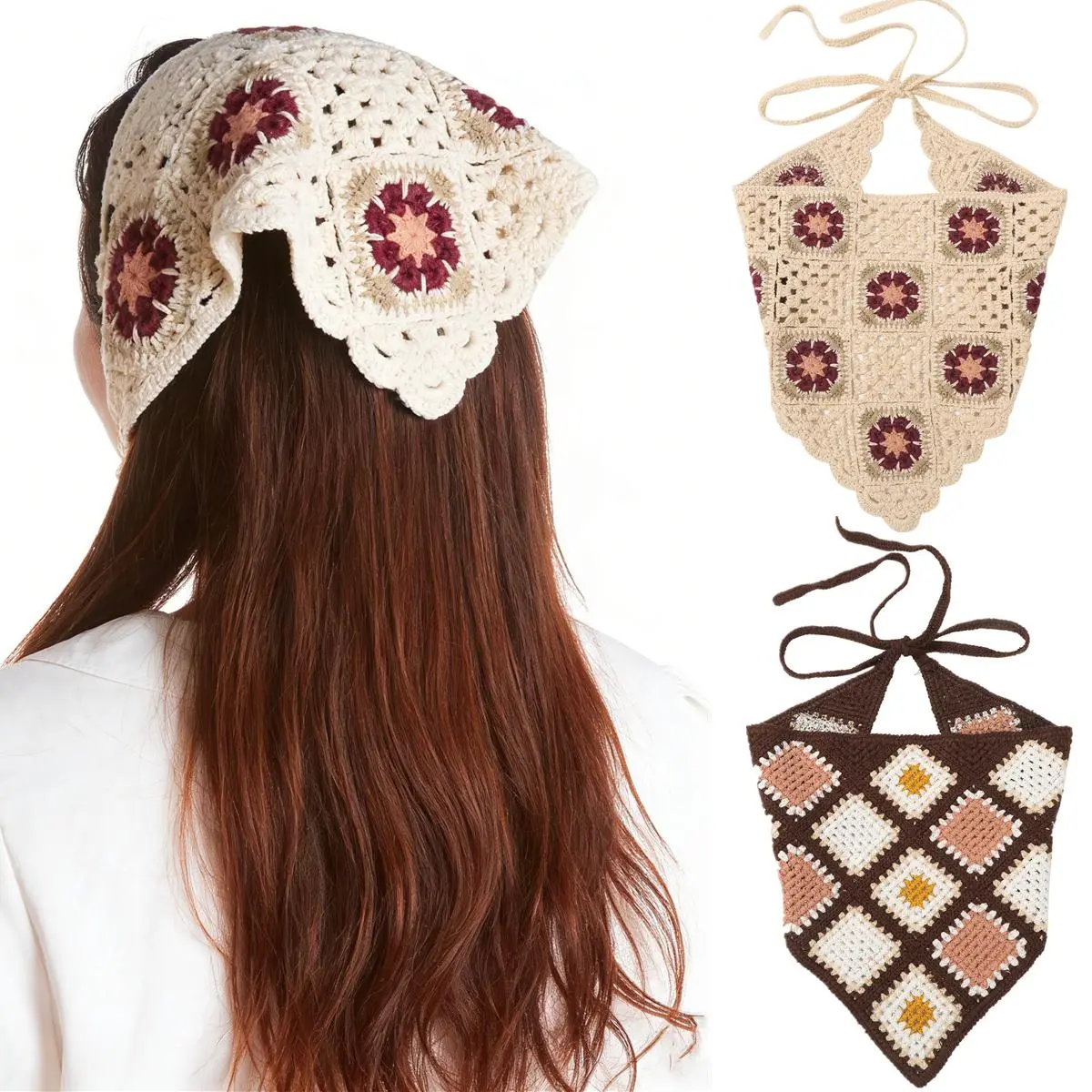 AWAYTR Women's 2-Piece Knitted Hair Scarf, Adjustable Elastic Flower Headbands, Handmade Bandana Hairbands for Girls, Headwrap Set, Crochet