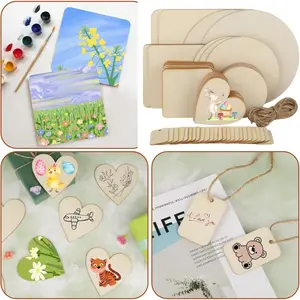 65 Pieces Untreated Wooden Board for Crafts,Round Square Heart-Shaped Wooden Discs,Blanks,Pyrography Painting,Writing,Staining Wooden Plate Set for DIY Crafts,Party Decoration