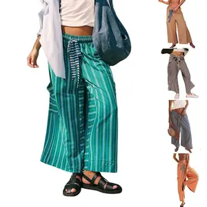 Women’s drawstring striped lounge pants — loose wide-leg casual palazzo trousers with pockets, made from lightweight polyester fabric