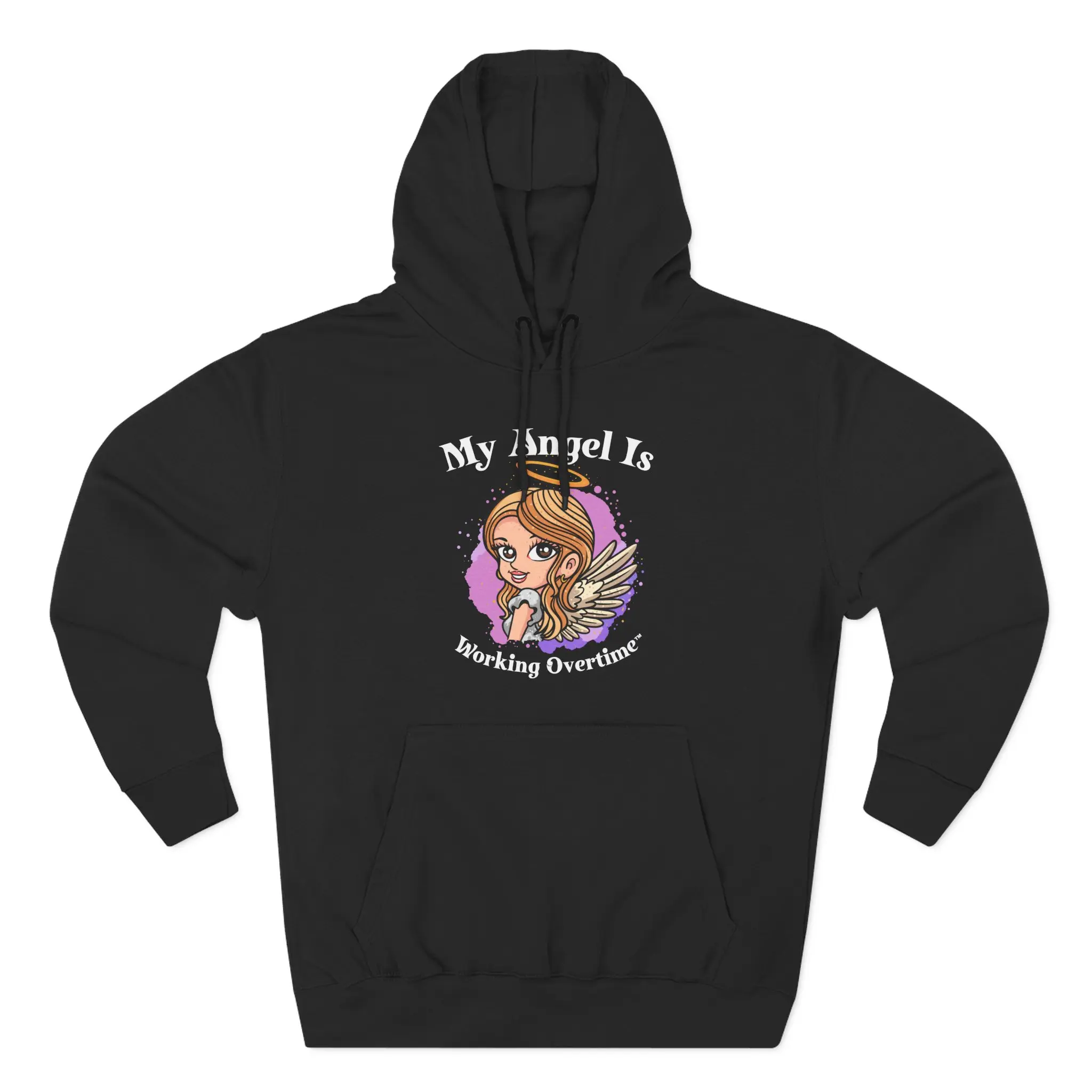 Three Panel “My Angel Is Working Overtime” Fleece Pullover Sweatshirt with Layered Decoration