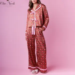 Women 2 Piece Pajamas Set Bow Print Tie Front Long Sleeves Shirt and Elastic Pants for Loungewear Soft Sleepwear
