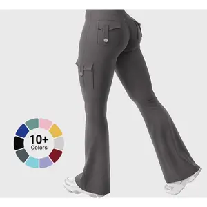 Women's Workout Flare Leggings with Pockets Hidden Scrunch High Waisted Cargo Gym Yoga No Front Seam Leggings Flared Joggers Fitness Outfit Camouflage Sports Pants