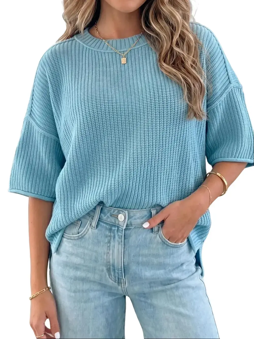 PHEFEE Women's Short Sleeve Sweaters Oversized Ribbed Knit Pullover Tops Casual Crewneck Exposed Seam Slouchy Shirts