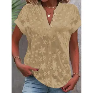 Women's Summer Short Sleeve Tops V Neck Floral Lace Blouse Casual Button Down Shirts Elegant Tunic Tops