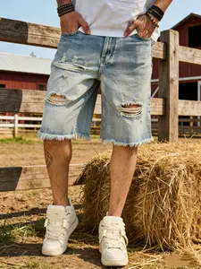 Men's Summer Straight Leg Thin Medium Wash Denim Shorts, Casual Loose-Fitting Jeans Pants with Ripped Design, Trendy Half-Length Fashion Bottoms