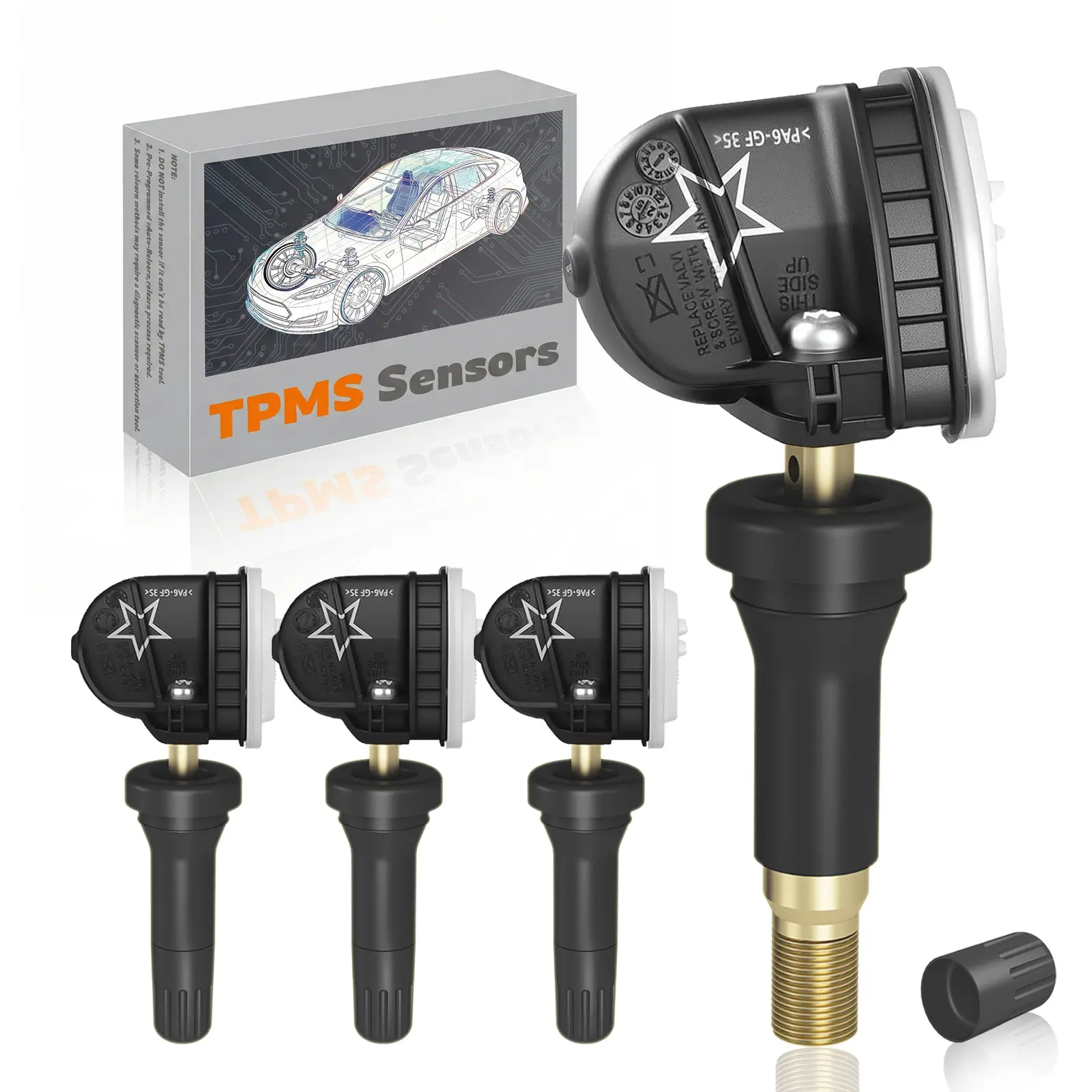TPMS Sensor GM, 4-Pack Tire Pressure Monitoring System Sensor | Replacement for GM Chevy GMC Cadillac Buick, 315MHz OE Replaces for 13586335 13581558 13598771 13598772