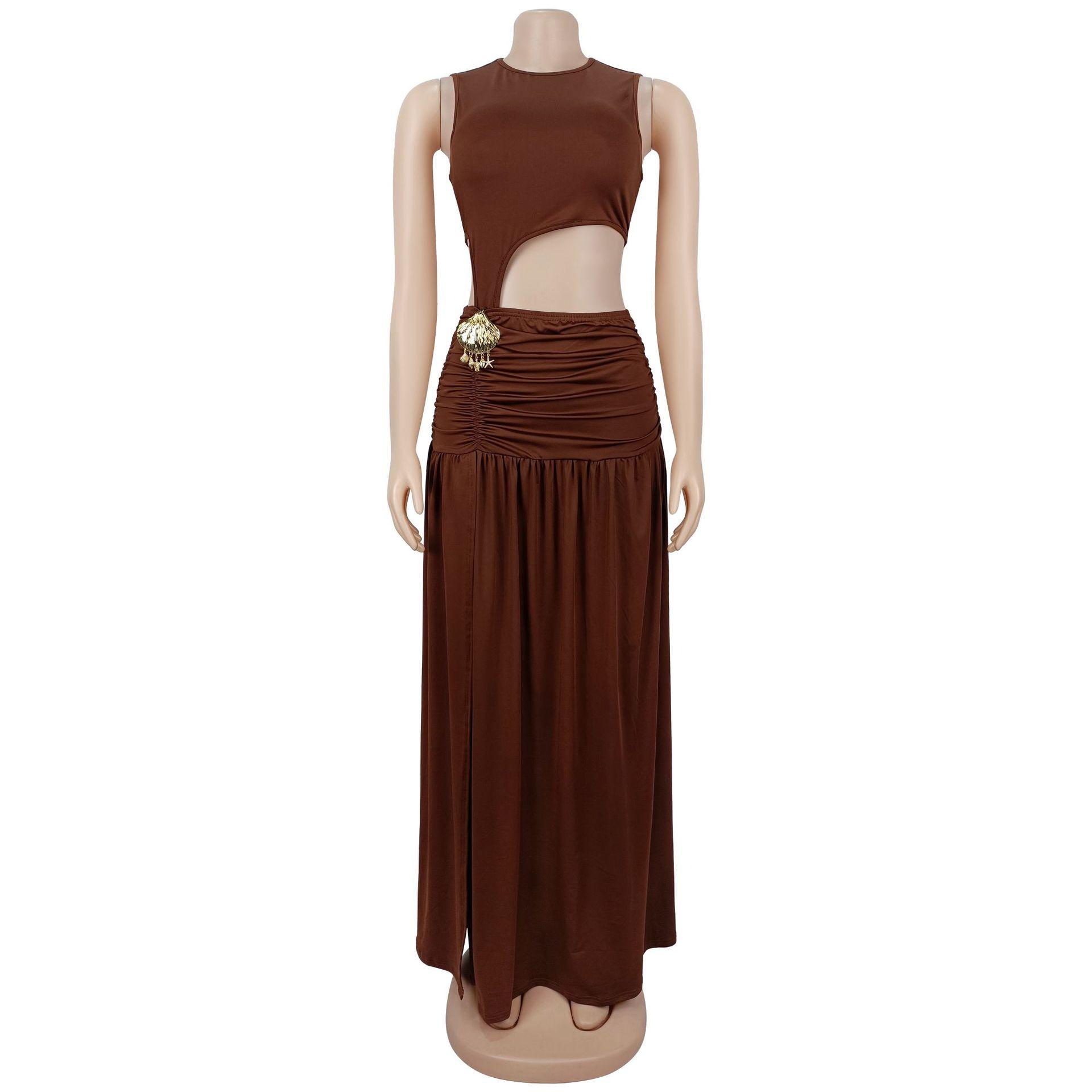 Fashion Women's Sexy Solid Color Sleeveless Crop Open Fork Dress