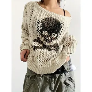 [Skull Pattern Crew Neck Sweater] Casual Skull Pattern Crew Neck Pullover Sweater - Long Sleeve Women's Clothing