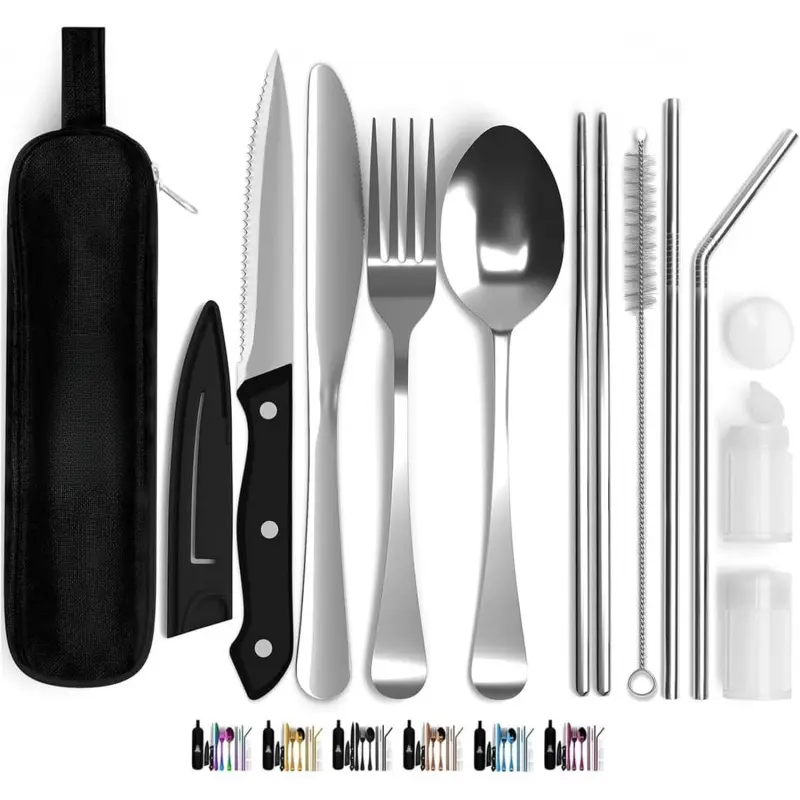 Portable Travel Silverware Set With Case, Includes 10 Pcs of Travel Utensils With Case, Stainless Steel Flatware Set For Camping, Lightweight (Silver)2026