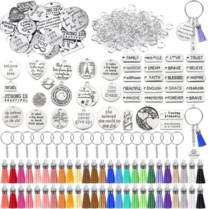 350Pcs Motivational Keychain Accessories Set with 50 Engraved Inspirational Words Charms, 50 Leather Keychain Tassels, 50 Keyring with Chain, 200 Open Jump Rings for Keychain Making, DIY Crafting