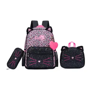 Cute Glitter Cat Backpack Set for Girls | 3-in-1 Backpack + Lunch Bag + Pencil Pouch | Leopard Print Design | Back to School Essentials aesthetic bookbag unisex kid