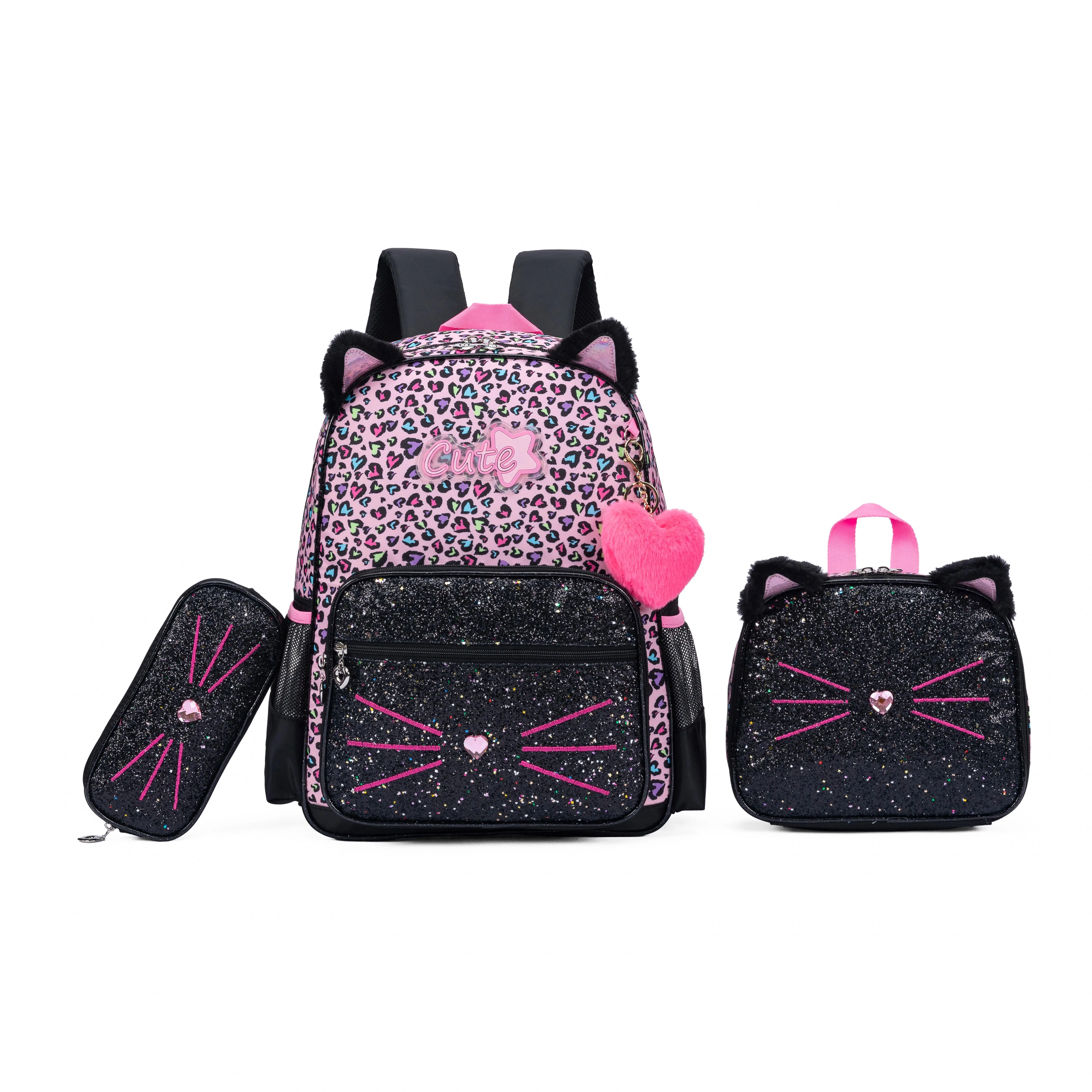 Cute Glitter Cat Backpack Set for Girls | 3-in-1 Backpack + Lunch Bag + Pencil Pouch | Leopard Print Design | Back to School Essentials aesthetic bookbag unisex kid lightweight laptop
