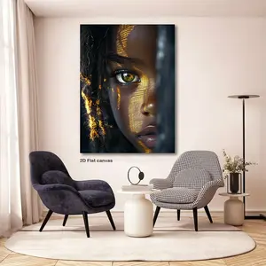 1pc African American Woman Portrait Canvas Wall Art with Golden Light & Shadow - Modern Bohemian Framed Painting, Expressive Eyes & Curly Hair Texture, Wrapped Wood Frame for Home Office Decor, Ready-to-Hang Holiday Gift, 2D Flat, Perfect for Room Decor