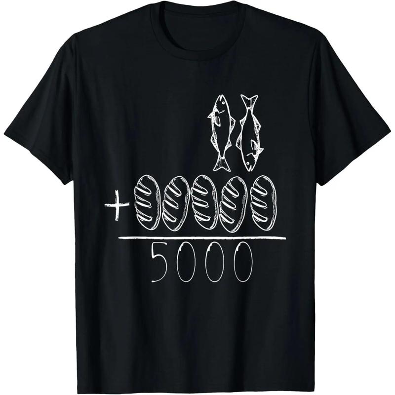 Menswear Casual Short-Sleeve Simple Top, 2 Fishes 5 Breads Jesus Feeds The 5000 Christian Bible Verses Knit Classic T-Shirt