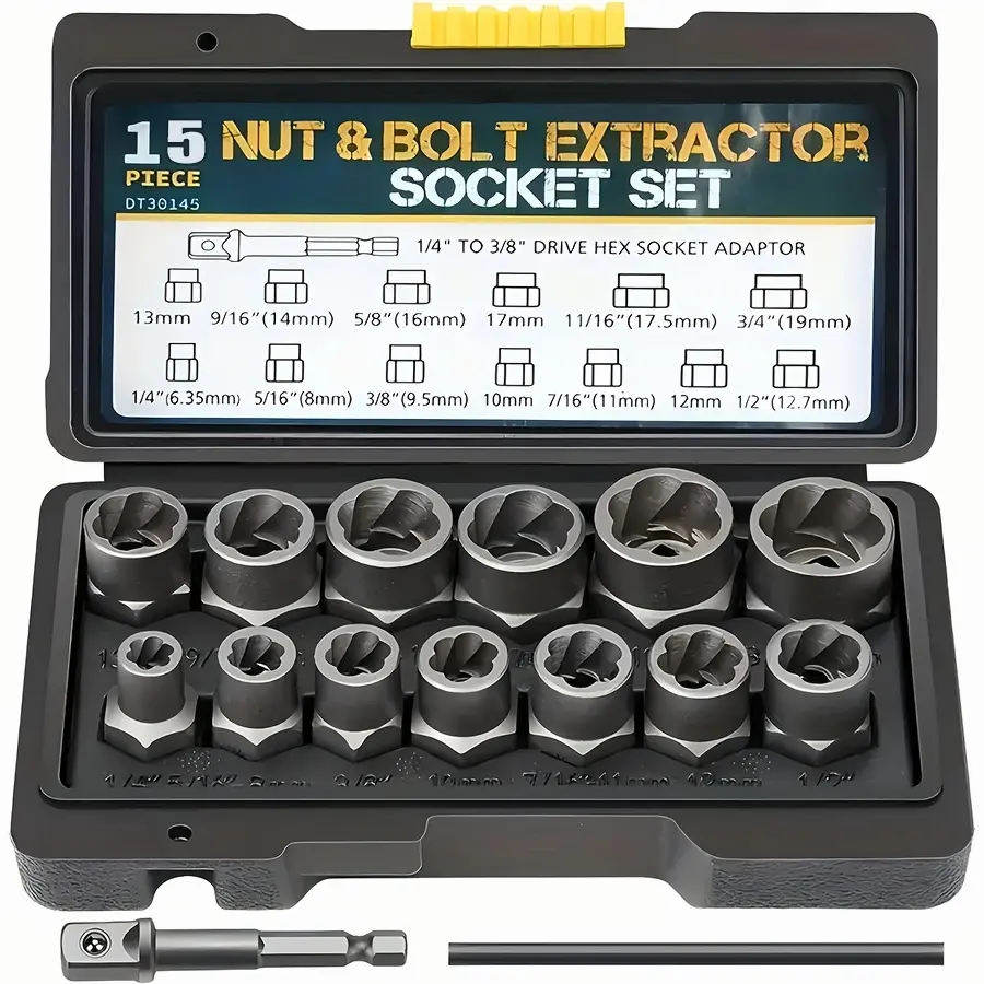 15pcs Set of Nut Extractors, Bolt And Nut Removers, a Bar (Use It to Knock Out The Nut If It Remains Stuck in The Sleeve During Removal), And a 1/4'' to 3/8'' Drive Hex Socket Adapter