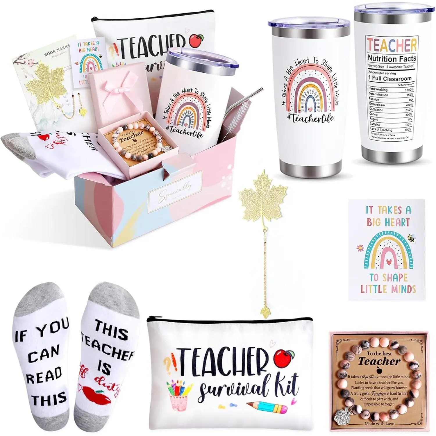 Teacher Appreciation Gifts: 20 OZ Tumbler, Pouch Bag, Socks & Thank You Basket Box for Birthday/Christmas &  to School