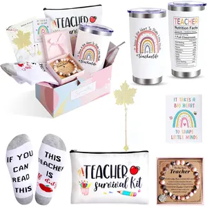 Teacher Appreciation Gifts: 20 OZ Tumbler, Pouch Bag, Socks & Thank You Basket Box for Birthday/Christmas &  to School