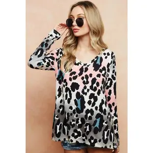 Gradation Leopard Print Soft Knit Deep U Neck Top - Comfortable Fabric, Versatile Style, Machine Washable, Care Instructions Included Shirts Spandex